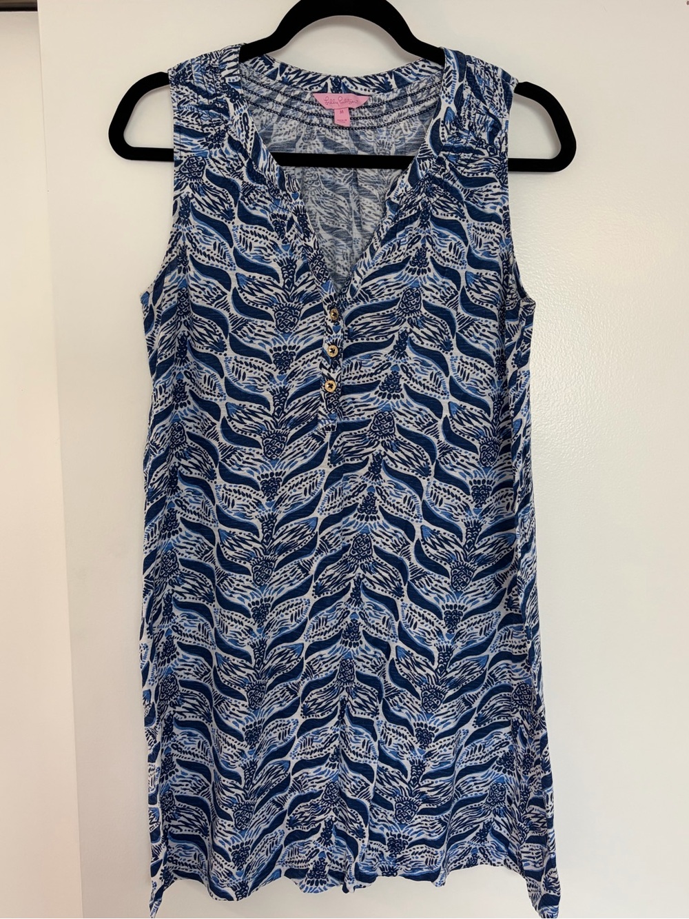 Lilly Pulitzer Essie Dress Sleeveless V-Neck Blue Leaf Print